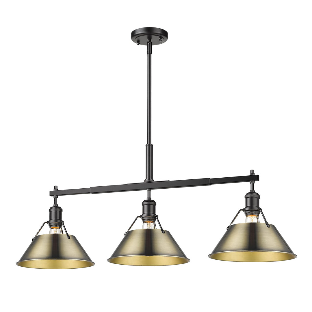 Blk 3 Light Linear Pendant In Matte Black With Aged Brass Shades
