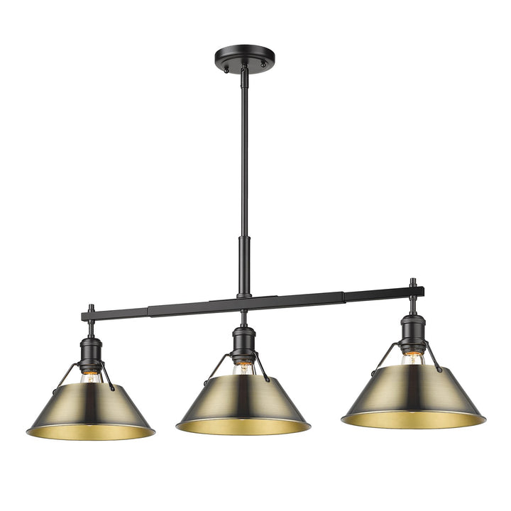 Blk 3 Light Linear Pendant In Matte Black With Aged Brass Shades