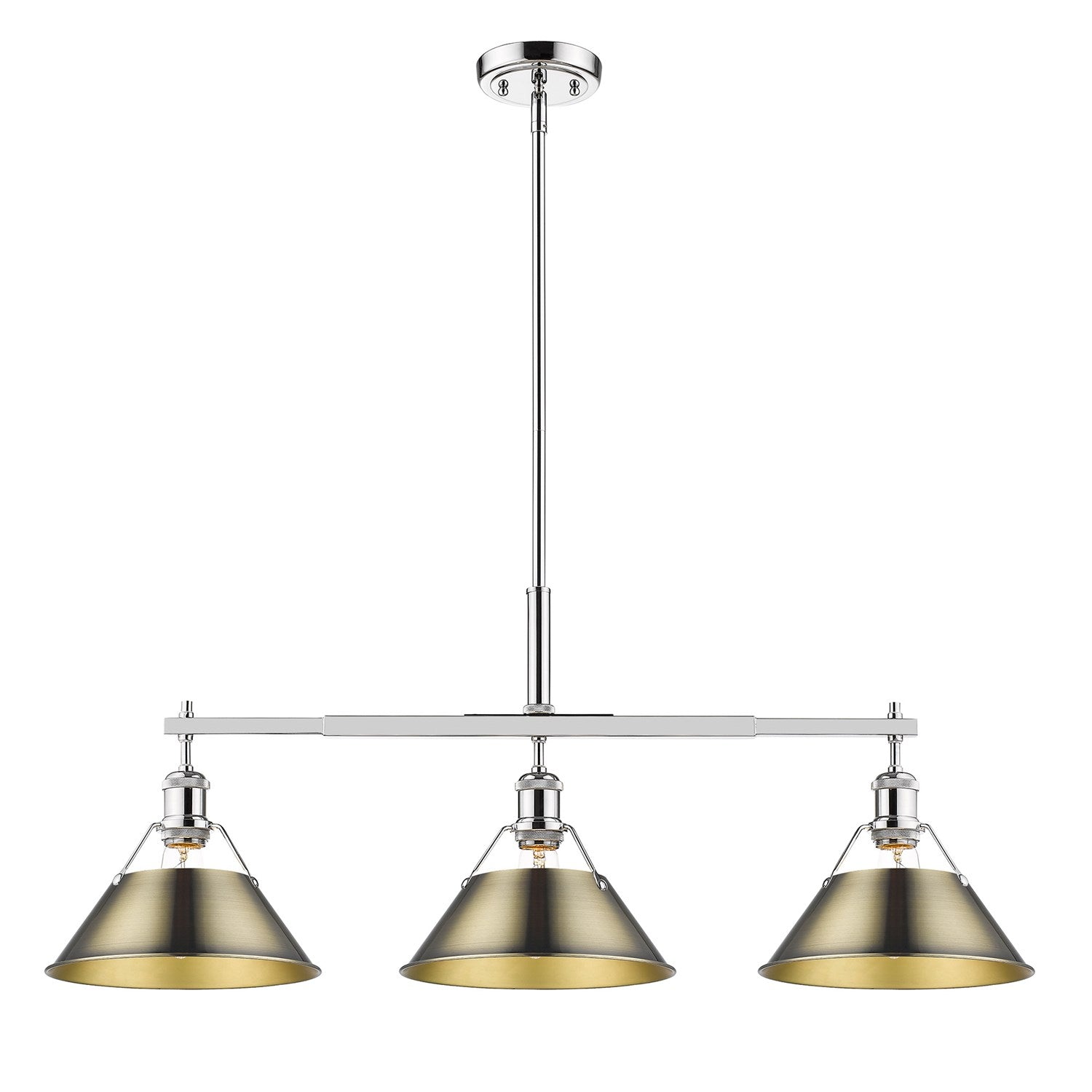 Ch 3 Light Linear Pendant In Chrome With Aged Brass Shades by Golden