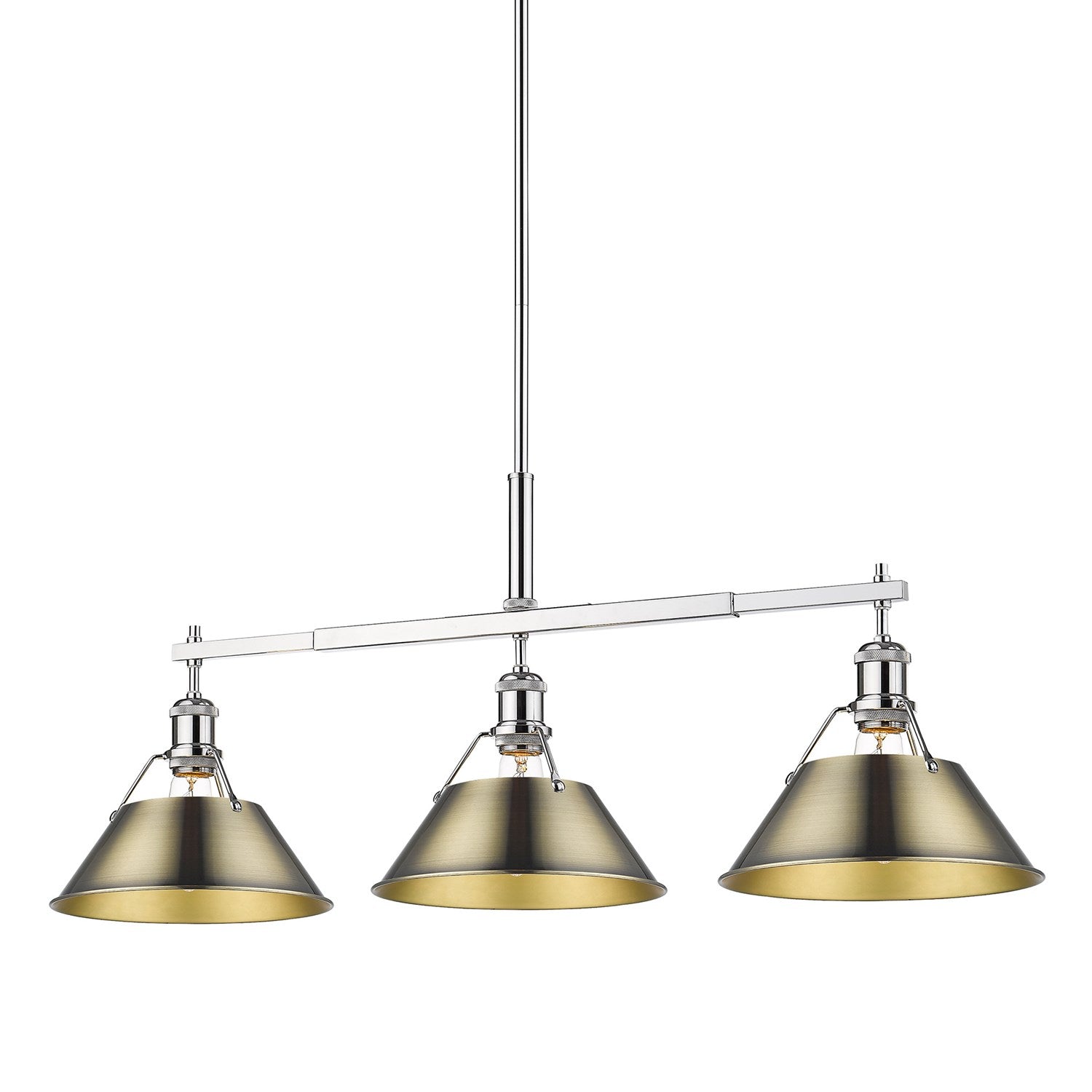 Ch 3 Light Linear Pendant In Chrome With Aged Brass Shades