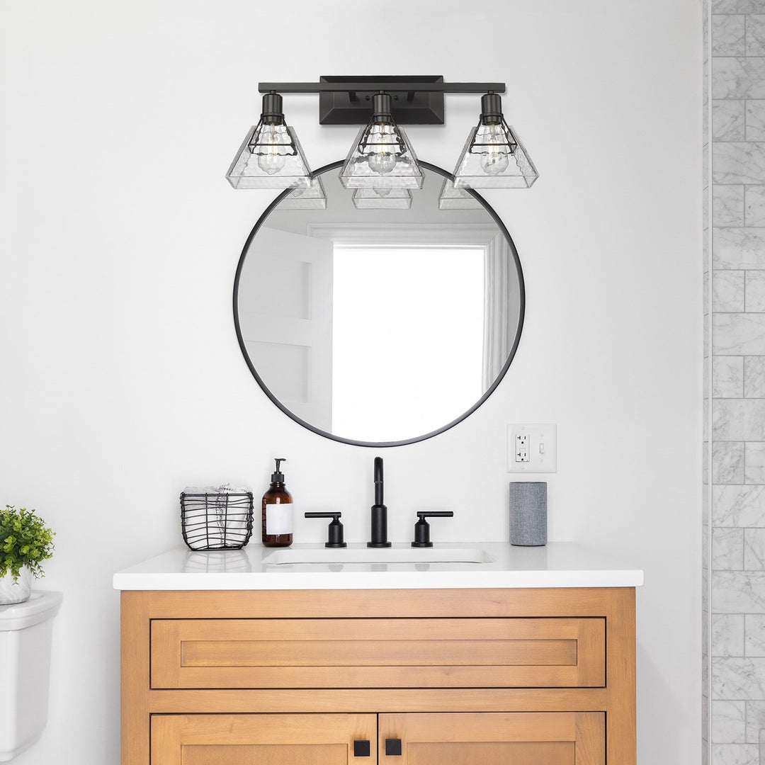 3 Light Bath Vanity In Matte Black With Water Glass Shade