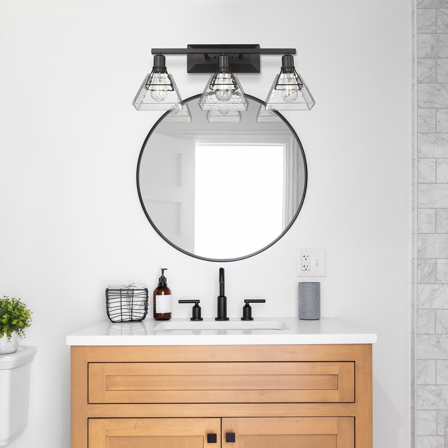 3 Light Bath Vanity In Matte Black With Water Glass Shade