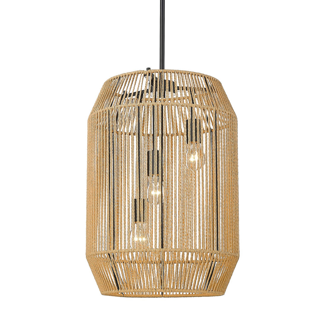 3 Light Pendant In Matte Black With Natural Raphia Rope Shade by Golden