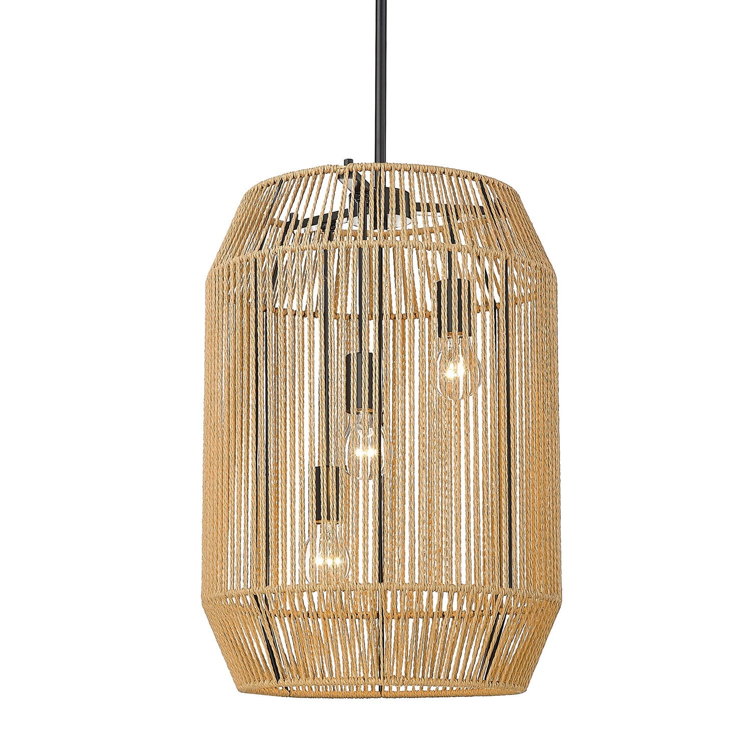 3 Light Pendant In Matte Black With Natural Raphia Rope Shade by Golden