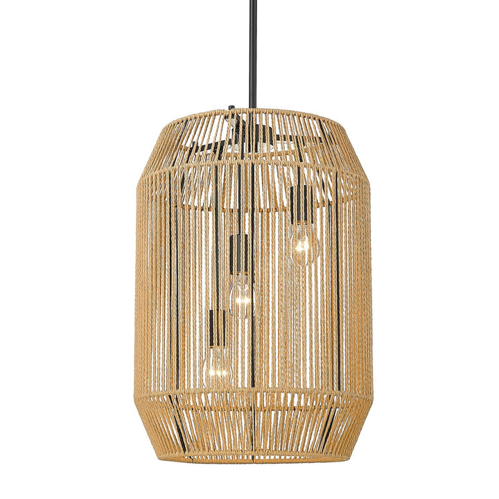 3 Light Pendant In Matte Black With Natural Raphia Rope Shade by Golden