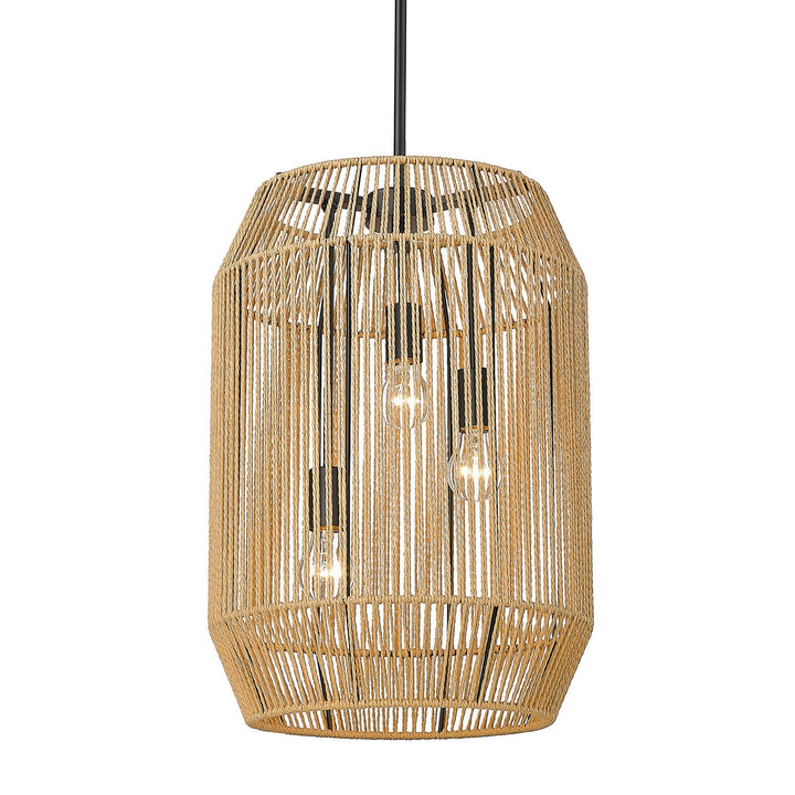 3 Light Pendant In Matte Black With Natural Raphia Rope Shade