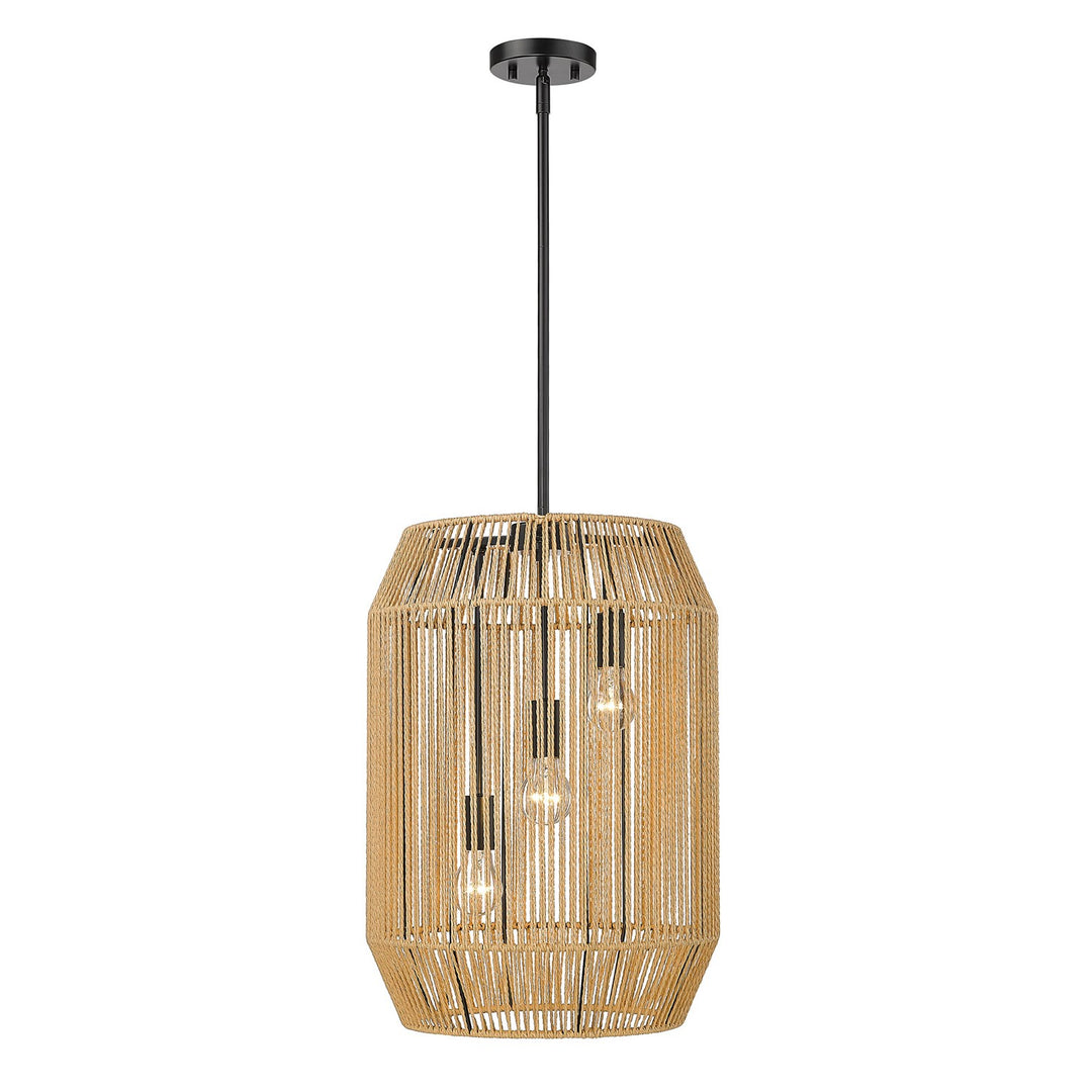 3 Light Pendant In Matte Black With Natural Raphia Rope Shade