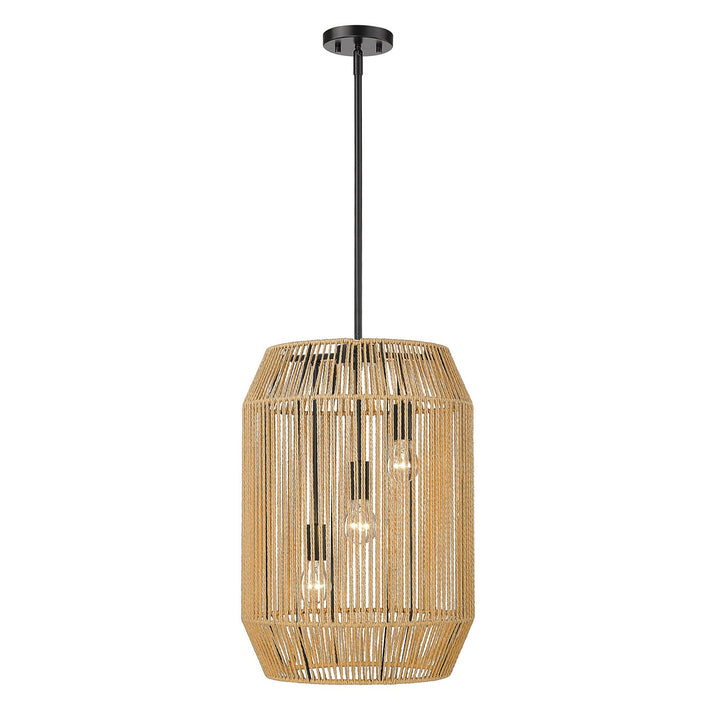 3 Light Pendant In Matte Black With Natural Raphia Rope Shade