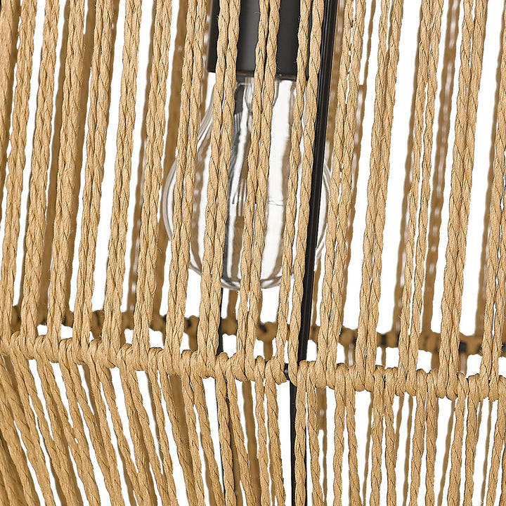 3 Light Pendant In Matte Black With Natural Raphia Rope Shade