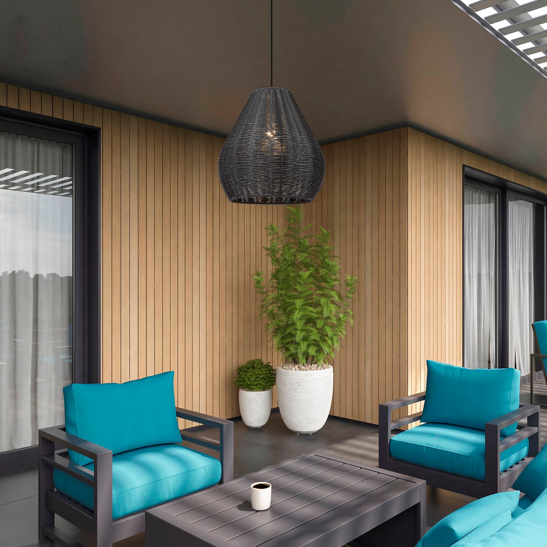 1 Light Pendant - Outdoor In Natural Black With Matte Black Wicker Shade