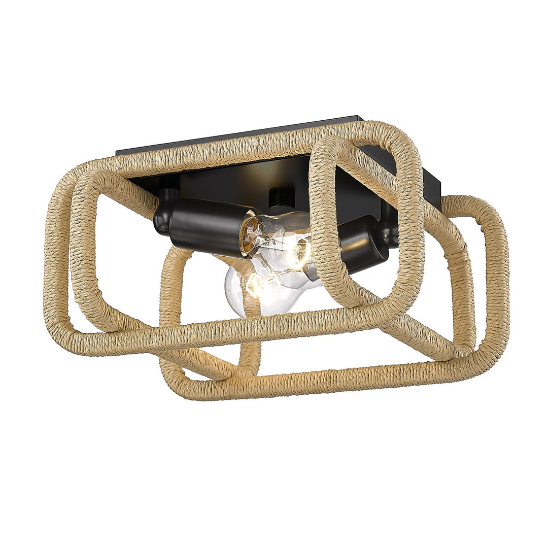 2 Light Flush Mount In Matte Black With Natural Raphia Rope Shade by Golden
