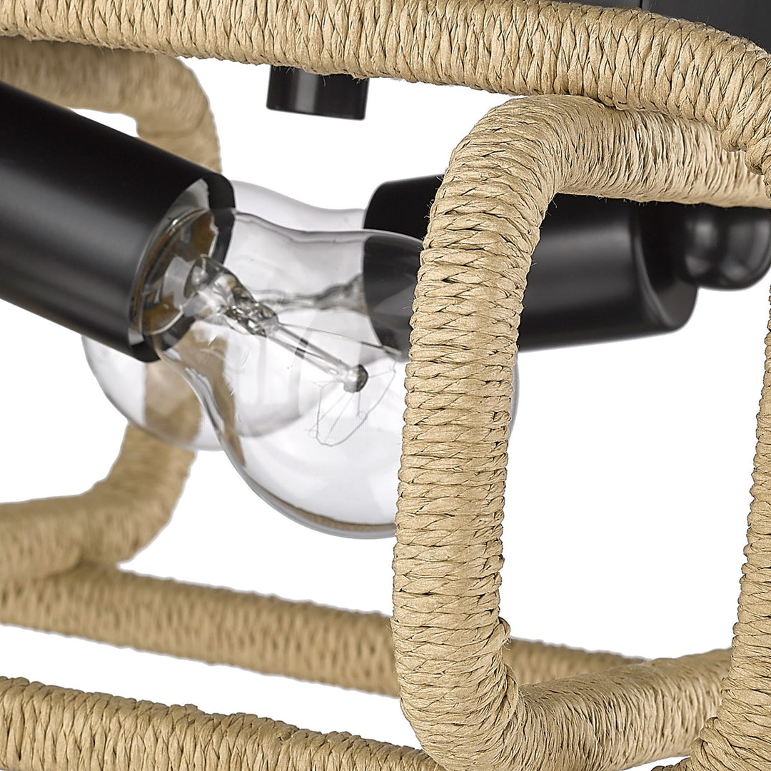 2 Light Flush Mount In Matte Black With Natural Raphia Rope Shade