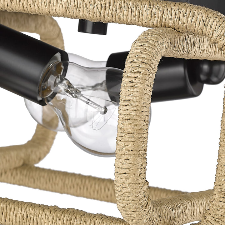 2 Light Flush Mount In Matte Black With Natural Raphia Rope Shade
