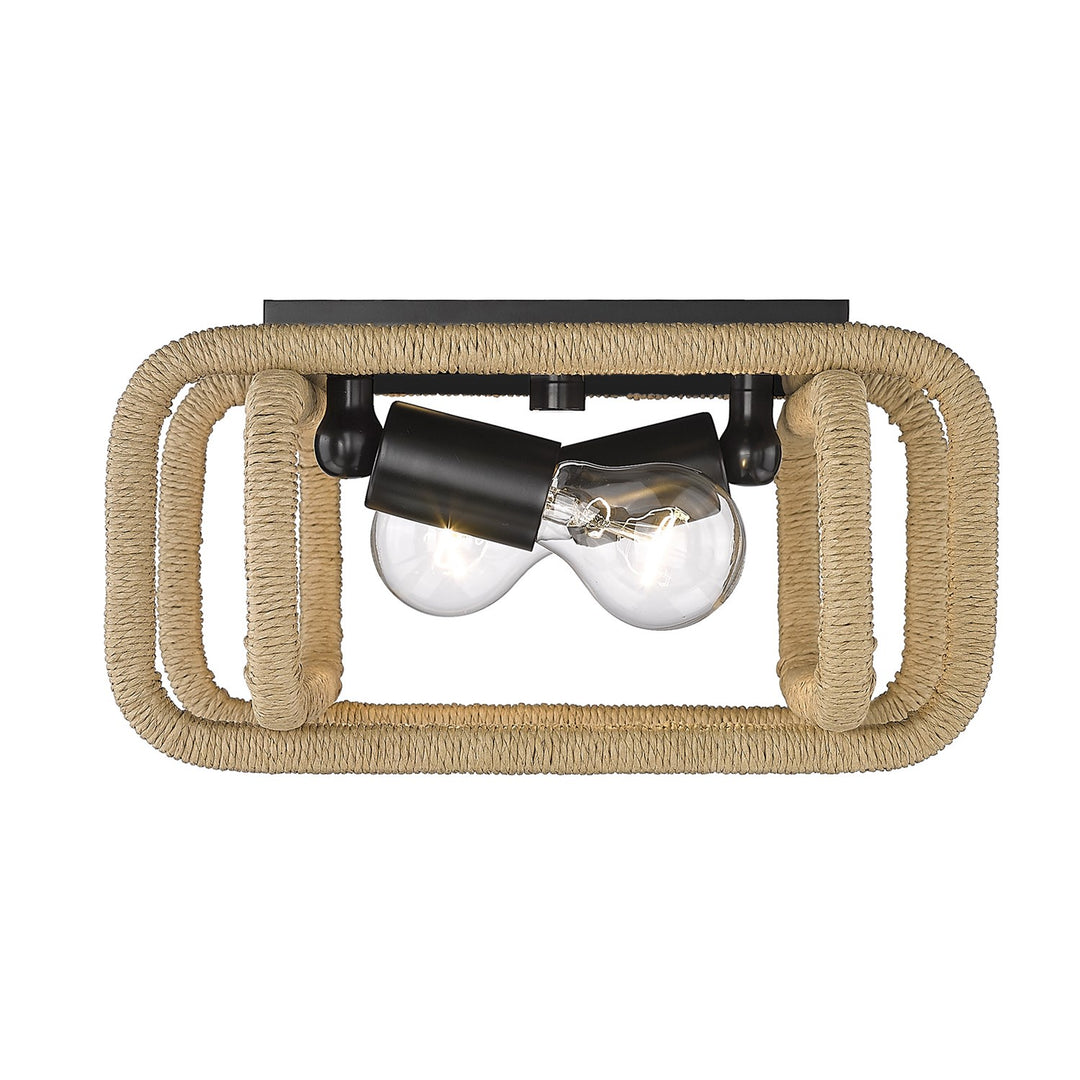 2 Light Flush Mount In Matte Black With Natural Raphia Rope Shade