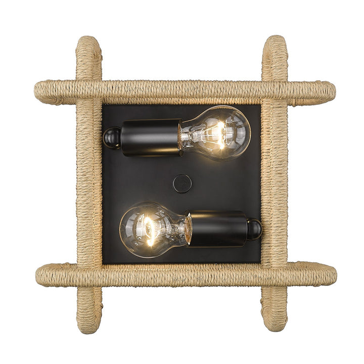 2 Light Flush Mount In Matte Black With Natural Raphia Rope Shade