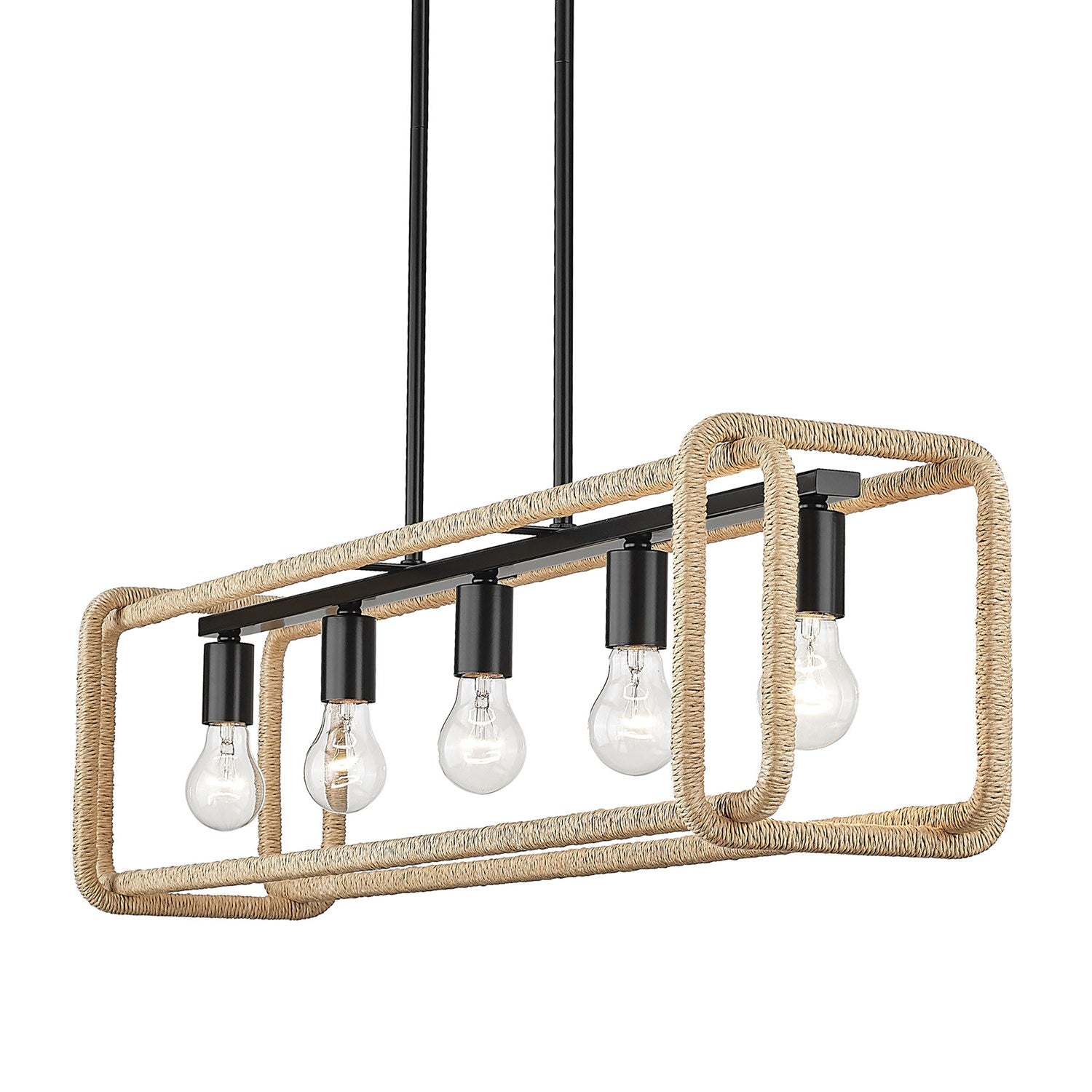 Linear Pendant In Matte Black With Natural Raphia Rope by Golden