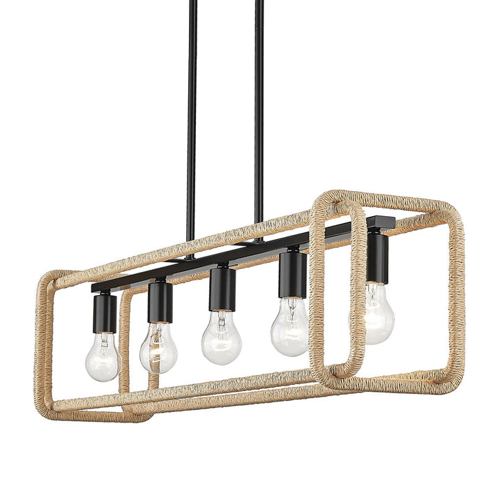 Linear Pendant In Matte Black With Natural Raphia Rope by Golden