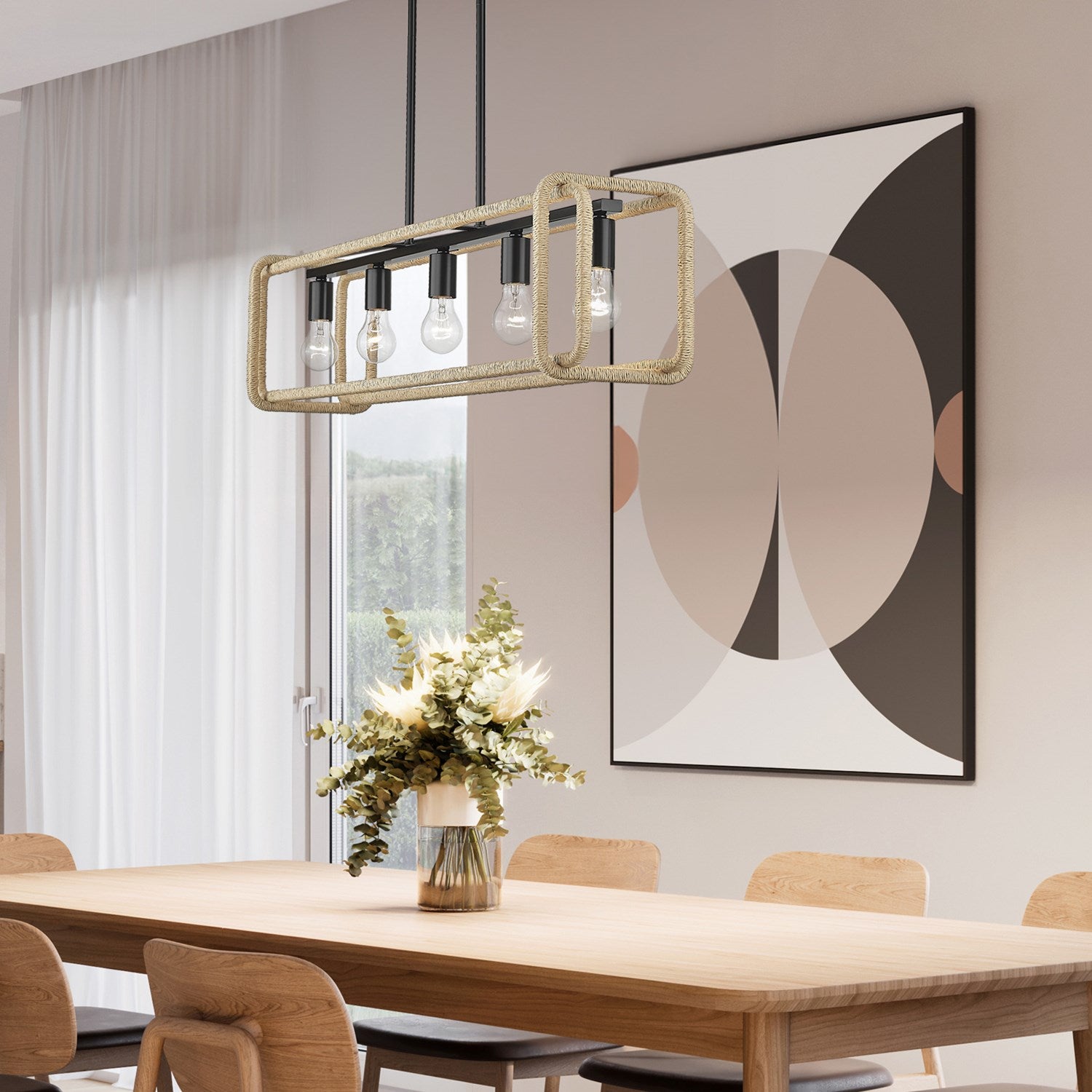 Linear Pendant In Matte Black With Natural Raphia Rope