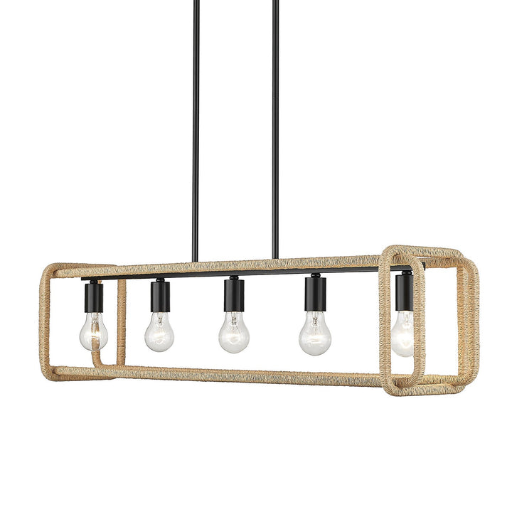 Linear Pendant In Matte Black With Natural Raphia Rope