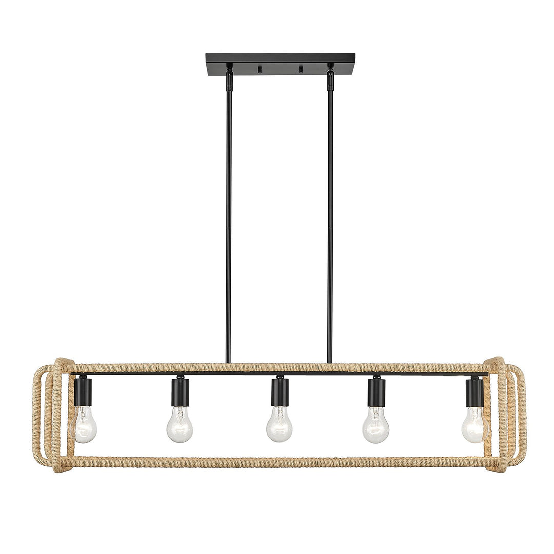 Linear Pendant In Matte Black With Natural Raphia Rope