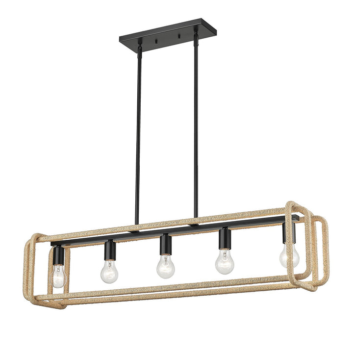 Linear Pendant In Matte Black With Natural Raphia Rope