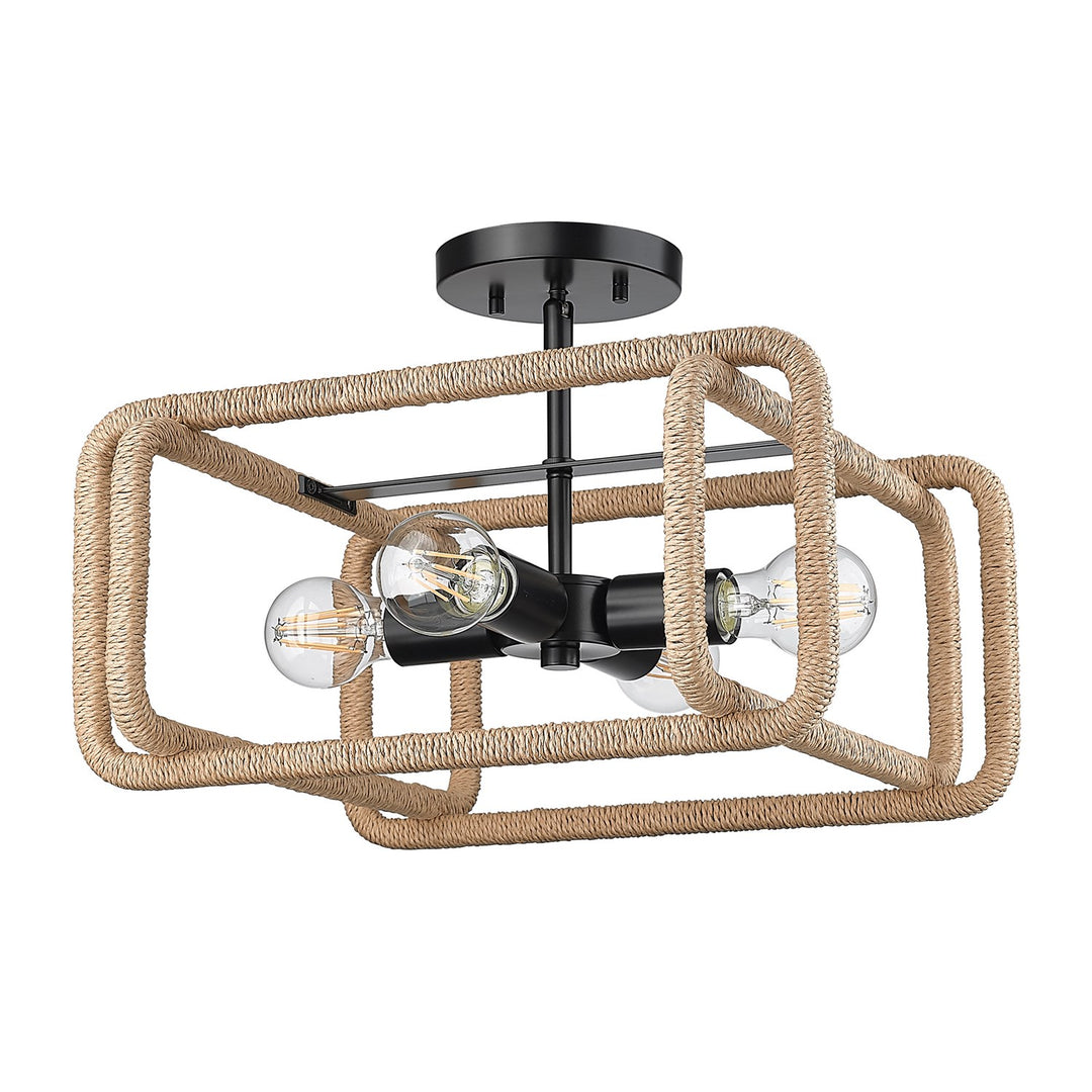 4 Light Semi-Flush In Matte Black With Natural Raphia Rope Shade by Golden