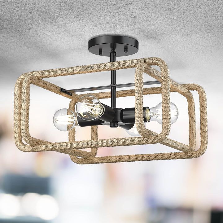 4 Light Semi-Flush In Matte Black With Natural Raphia Rope Shade