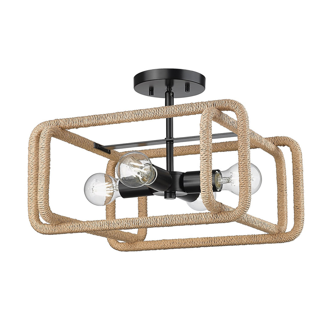 4 Light Semi-Flush In Matte Black With Natural Raphia Rope Shade