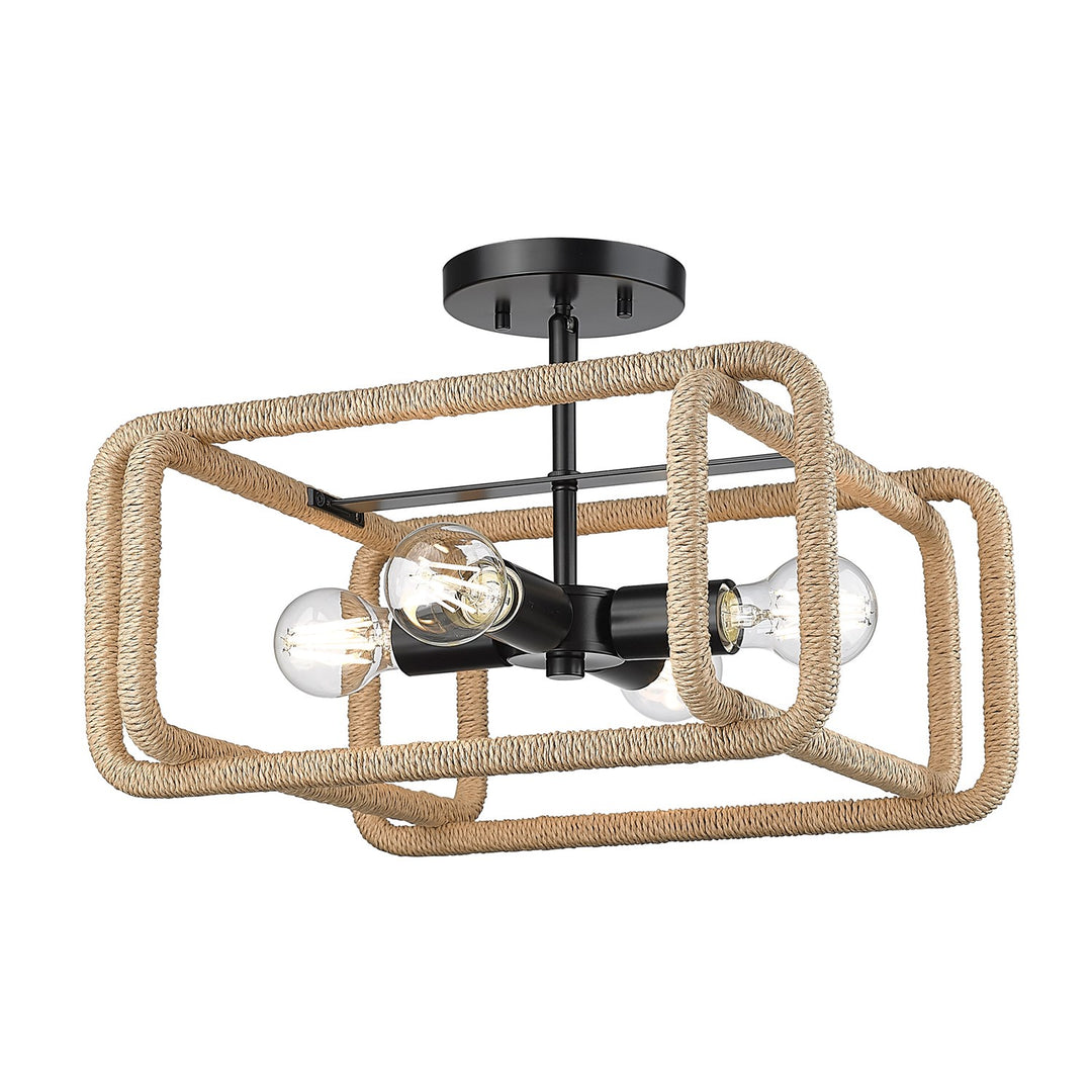 4 Light Semi-Flush In Matte Black With Natural Raphia Rope Shade