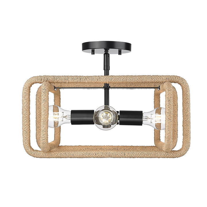 4 Light Semi-Flush In Matte Black With Natural Raphia Rope Shade