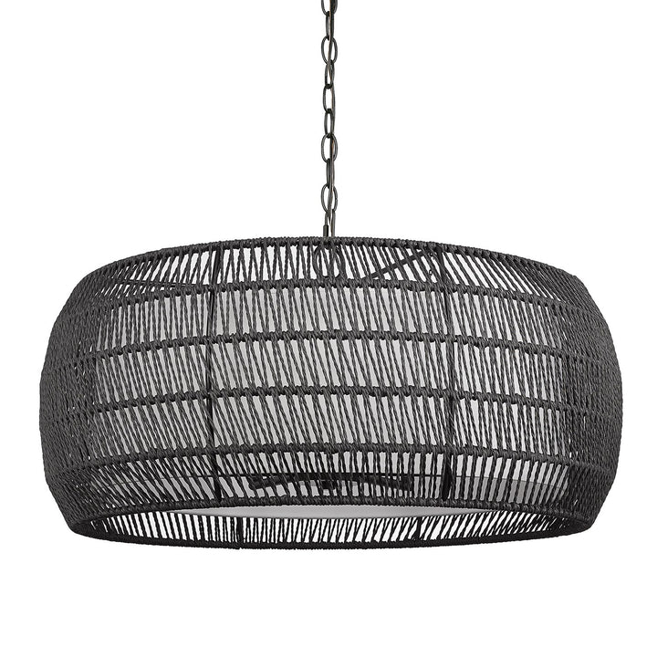 6 Light Chandelier In Matte Black With Modern Black Rattan Shade by Golden