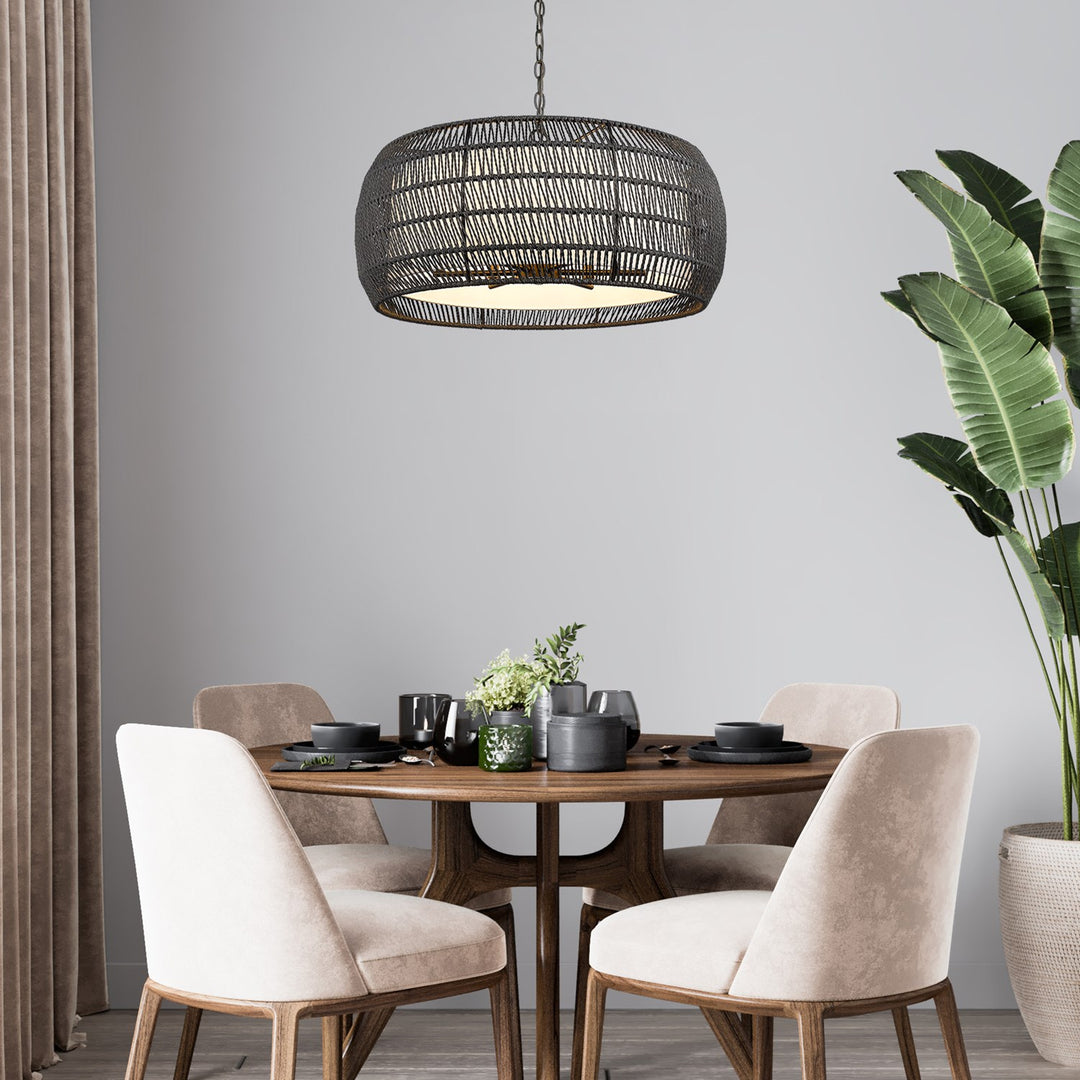 6 Light Chandelier In Matte Black With Modern Black Rattan Shade