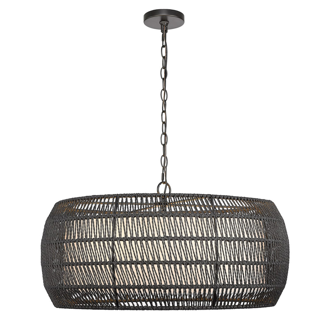 6 Light Chandelier In Matte Black With Modern Black Rattan Shade