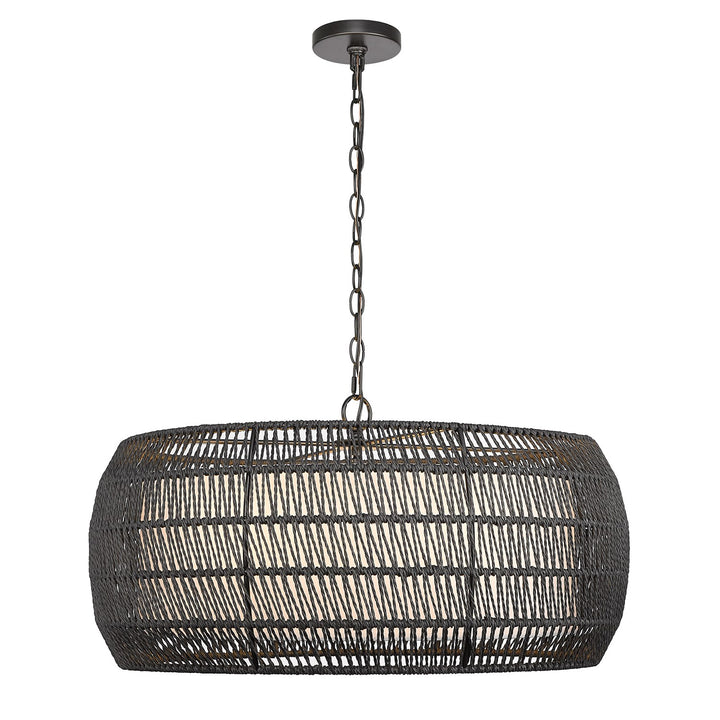 6 Light Chandelier In Matte Black With Modern Black Rattan Shade