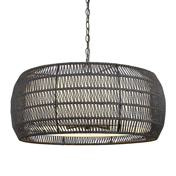6 Light Chandelier In Matte Black With Modern Black Rattan Shade