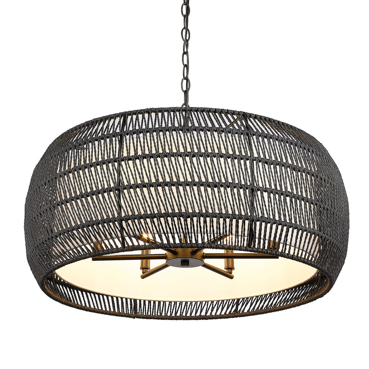 6 Light Chandelier In Matte Black With Modern Black Rattan Shade