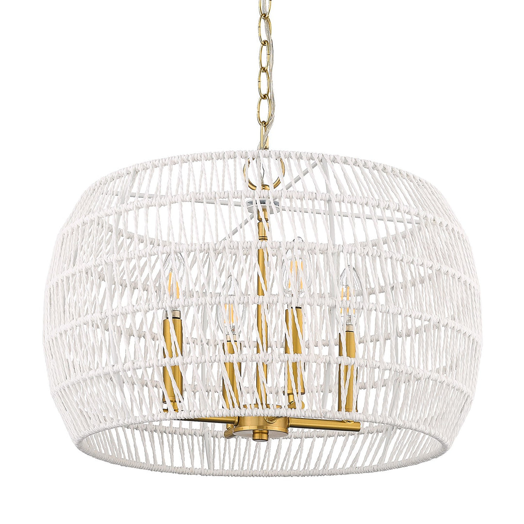 4 Light Chandelier In Modern Brushed Gold With White Raphia Rope Shade by Golden