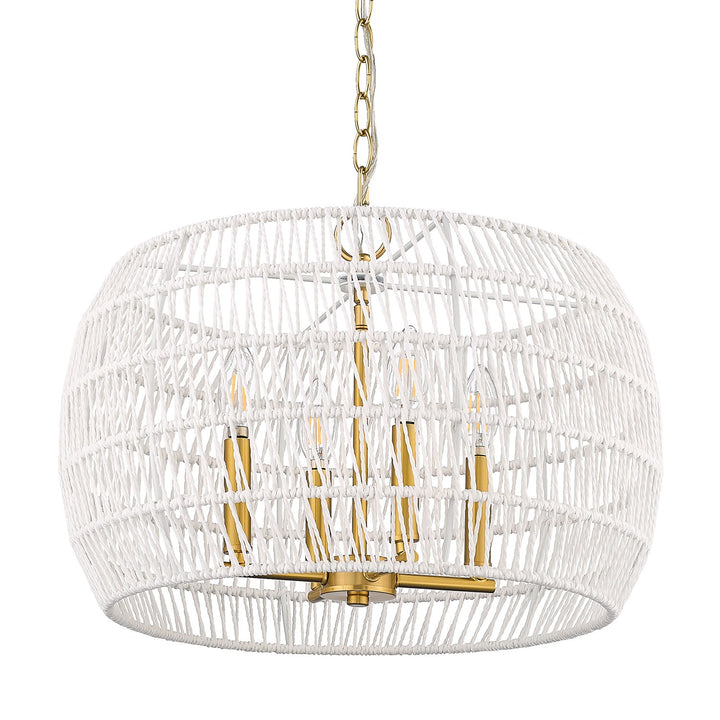 4 Light Chandelier In Modern Brushed Gold With White Raphia Rope Shade by Golden