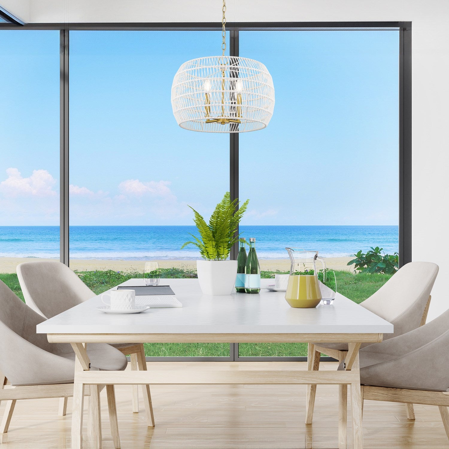4 Light Chandelier In Modern Brushed Gold With White Raphia Rope Shade