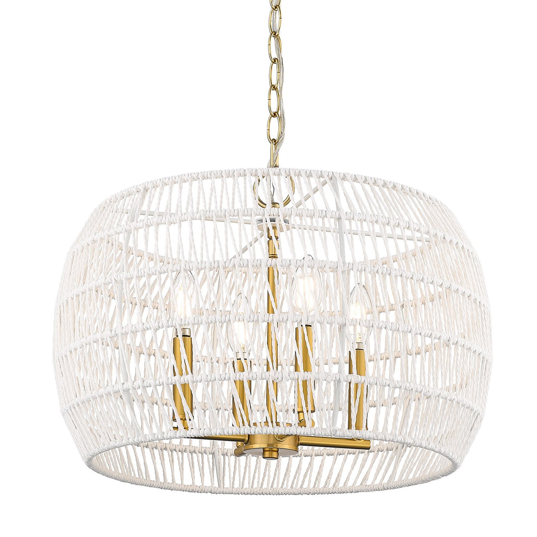 4 Light Chandelier In Modern Brushed Gold With White Raphia Rope Shade