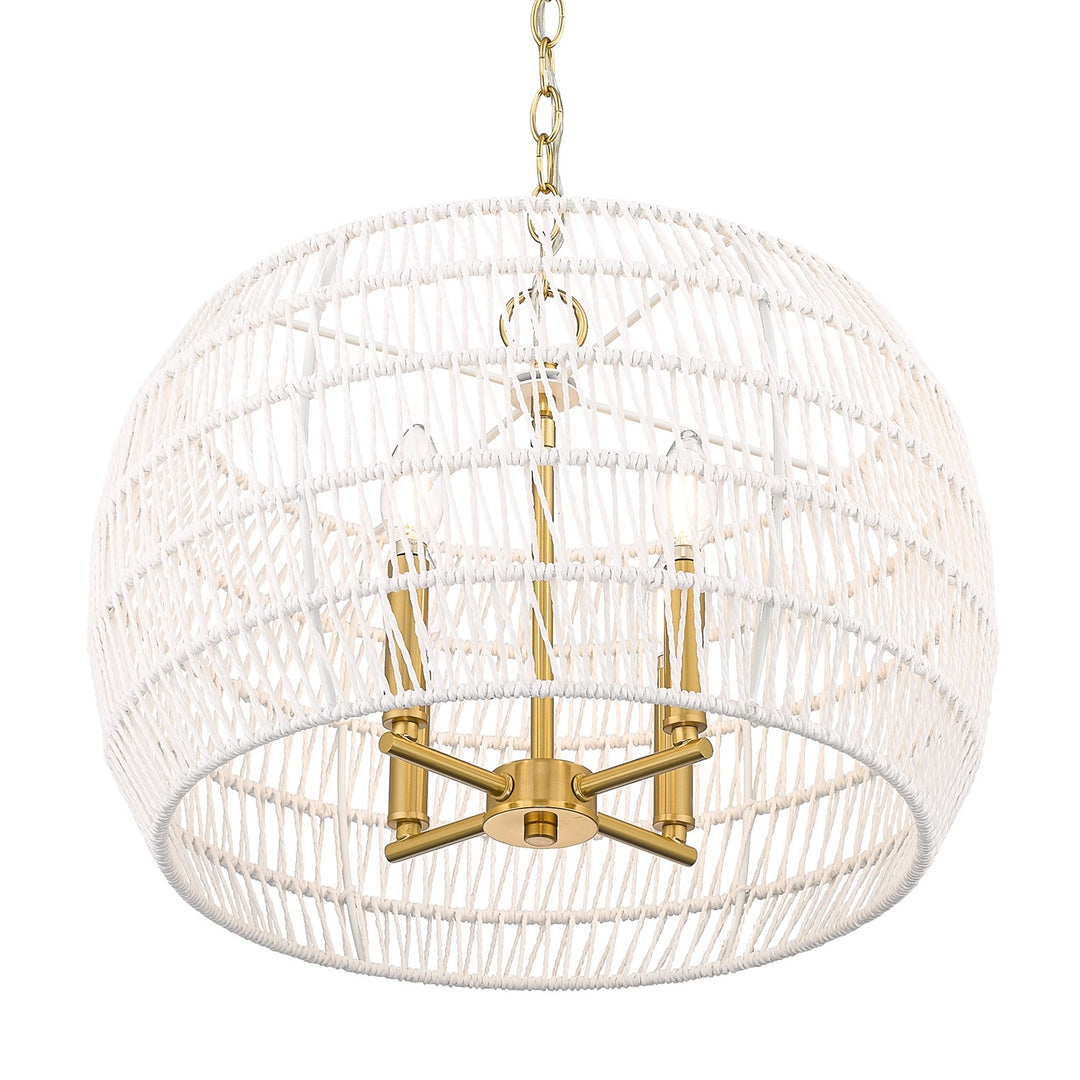 4 Light Chandelier In Modern Brushed Gold With White Raphia Rope Shade