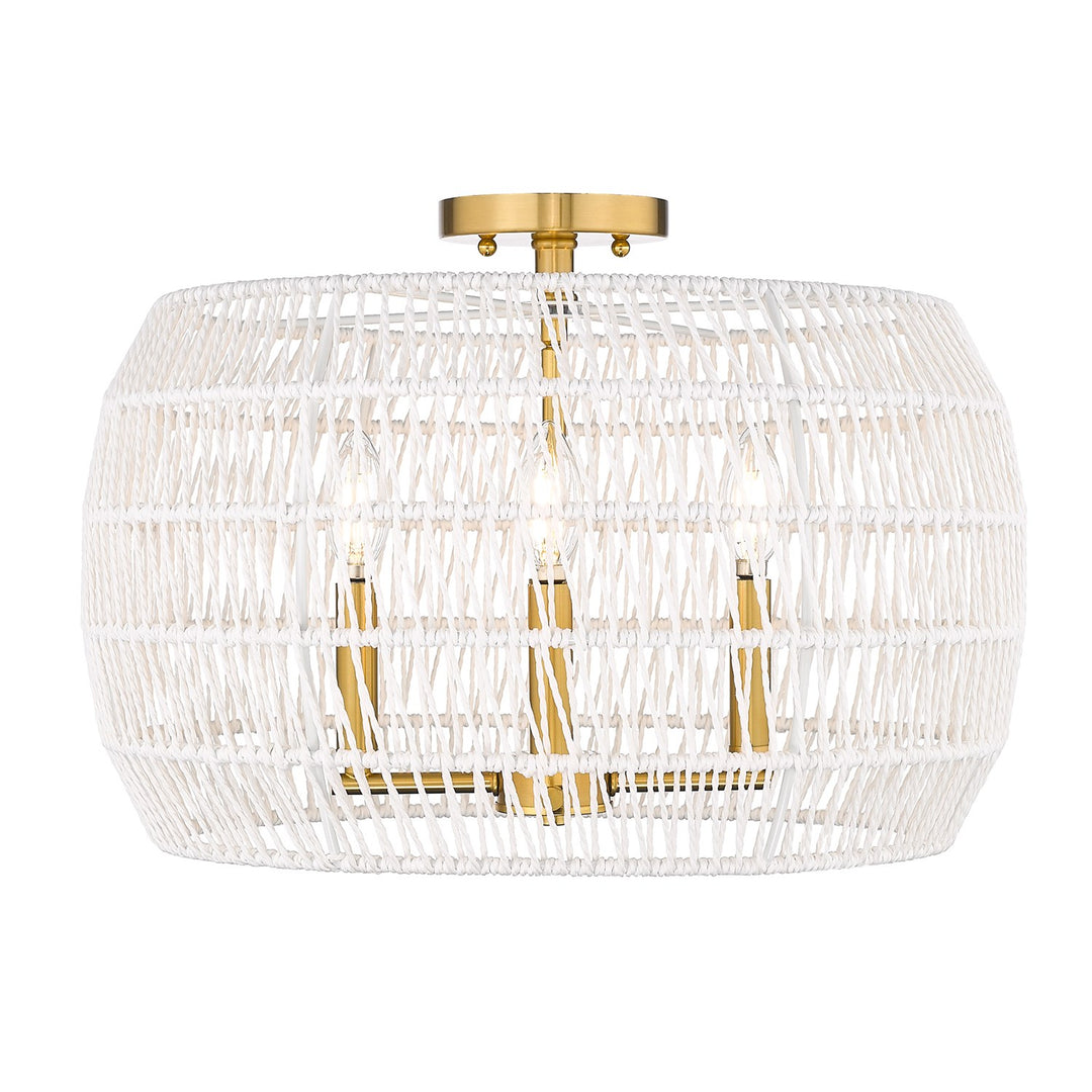 6 Light Semi-Flush In Modern Brushed Gold With White Raphia Rope Shade