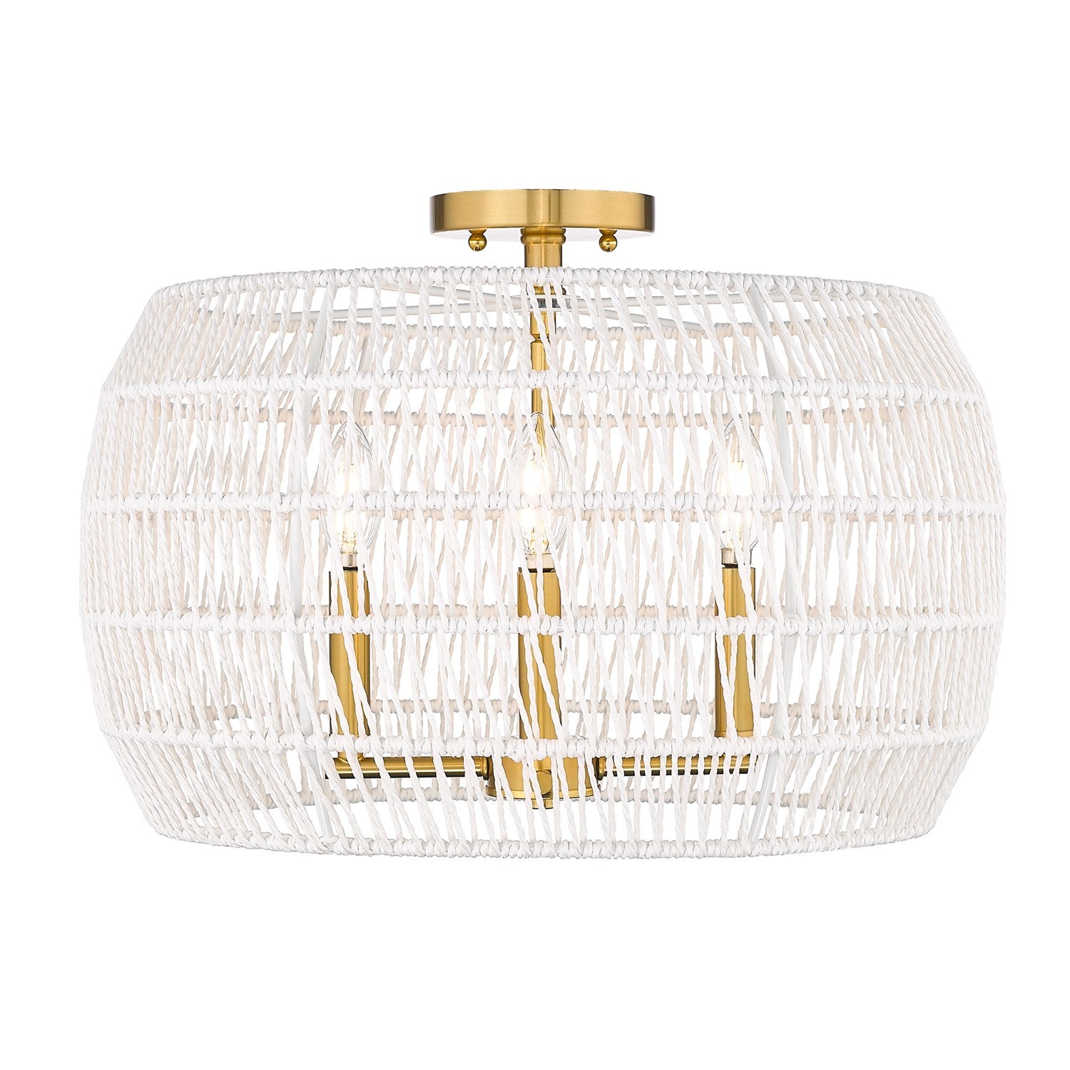 6 Light Semi-Flush In Modern Brushed Gold With White Raphia Rope Shade