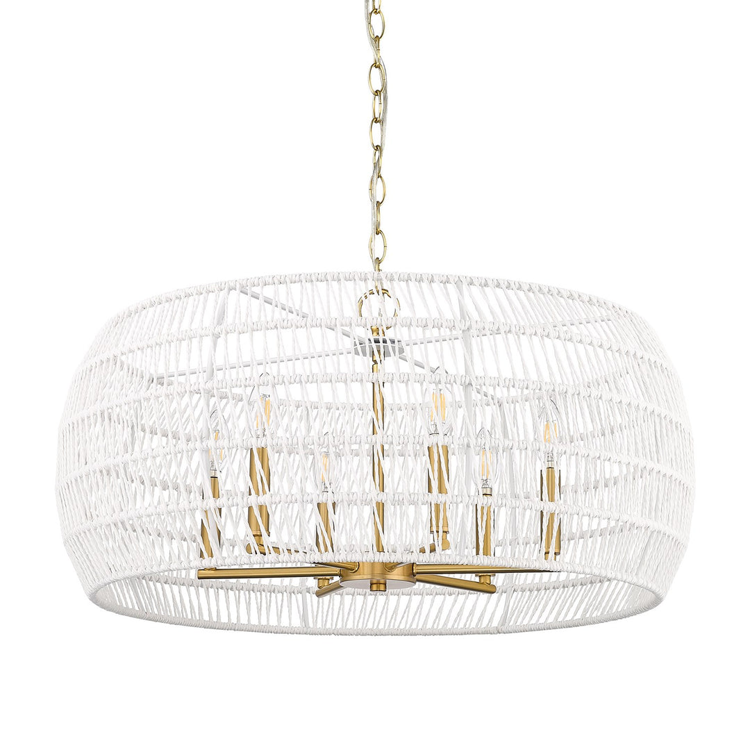 6 Light Chandelier In Modern Brushed Gold With White Raphia Rope Shade by Golden