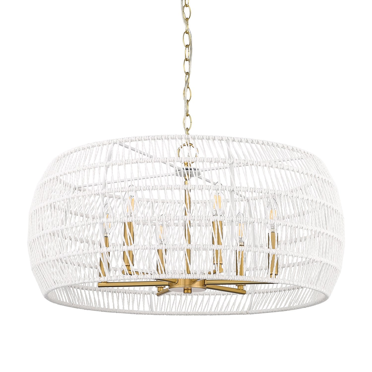 6 Light Chandelier In Modern Brushed Gold With White Raphia Rope Shade by Golden