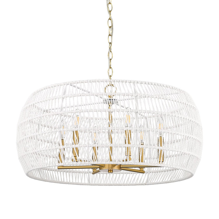 6 Light Chandelier In Modern Brushed Gold With White Raphia Rope Shade by Golden