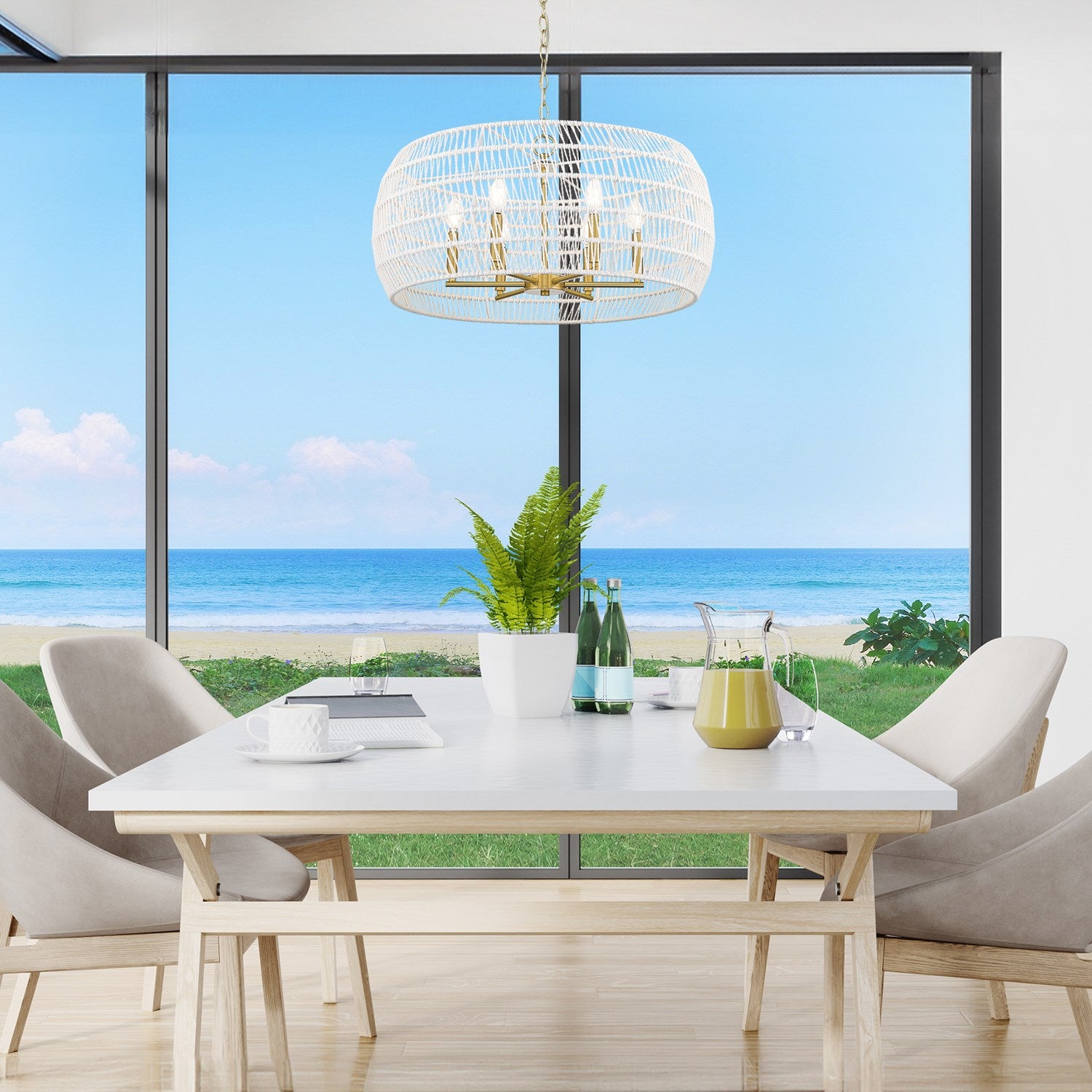 6 Light Chandelier In Modern Brushed Gold With White Raphia Rope Shade