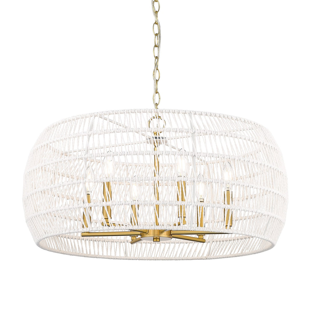 6 Light Chandelier In Modern Brushed Gold With White Raphia Rope Shade