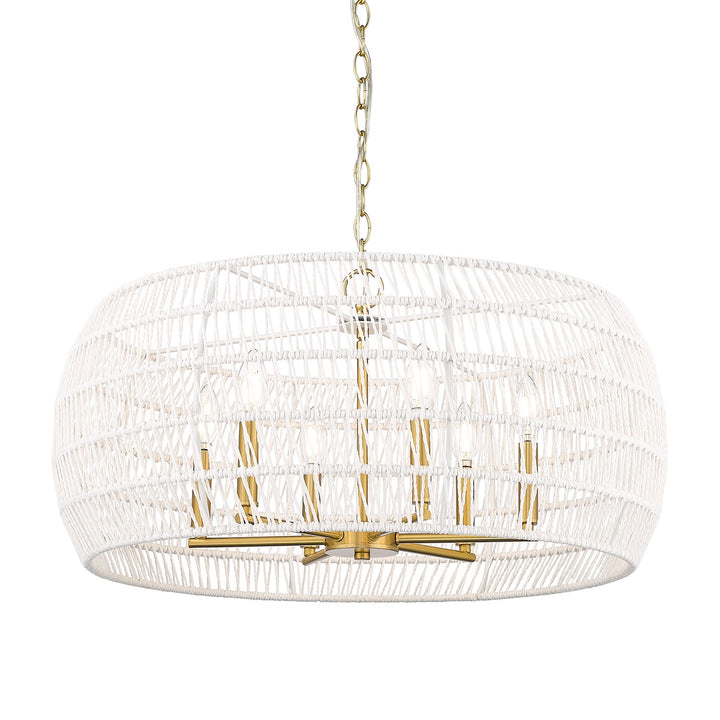 6 Light Chandelier In Modern Brushed Gold With White Raphia Rope Shade