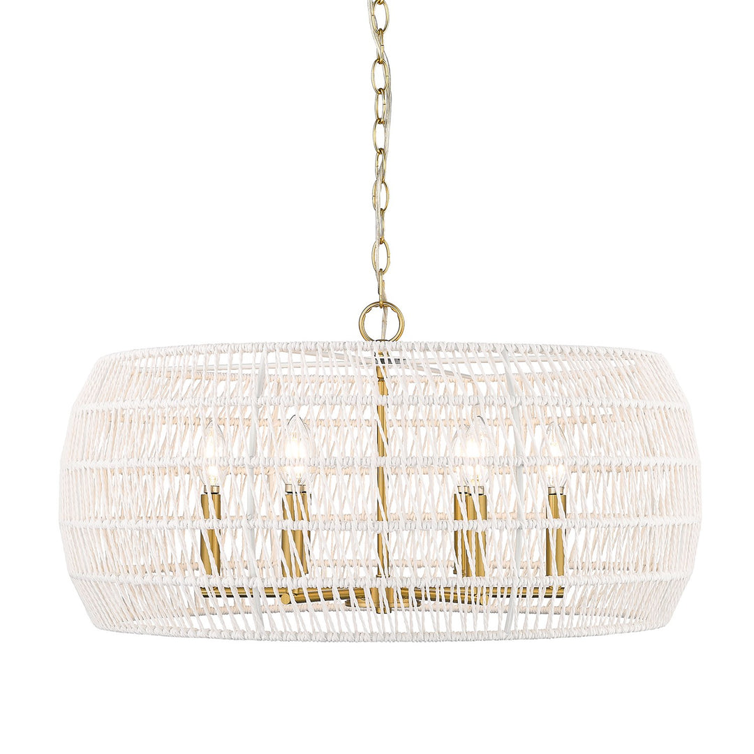 6 Light Chandelier In Modern Brushed Gold With White Raphia Rope Shade